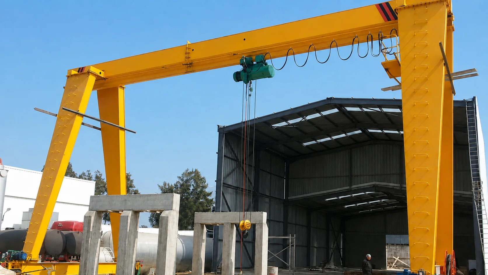 Industrial gantry crane operating across an outdoor material handling yard