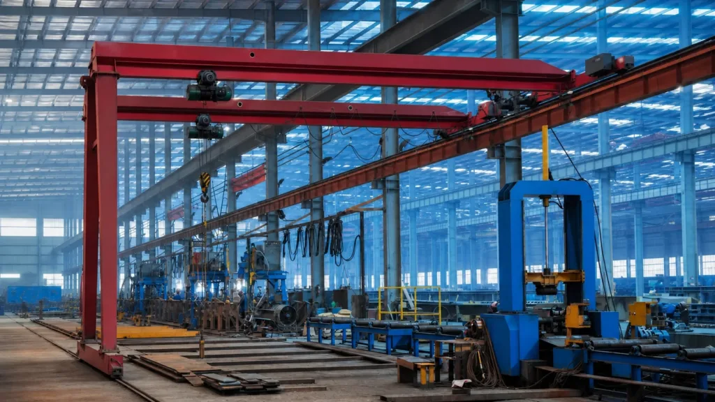 Semi-gantry crane serving a mixed-elevation industrial bay
