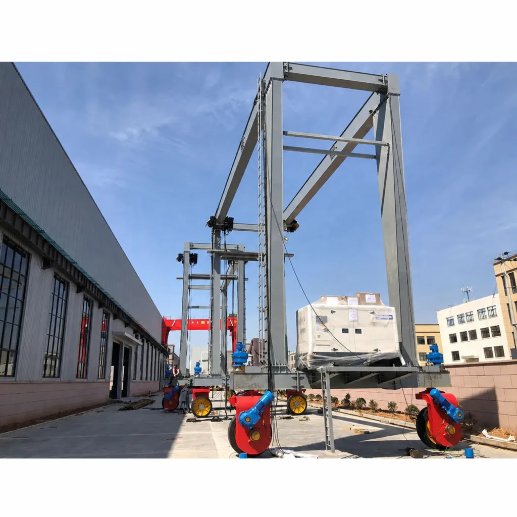 Industrial rubber-tyred gantry with steerable wheel units carrying a wrapped machine