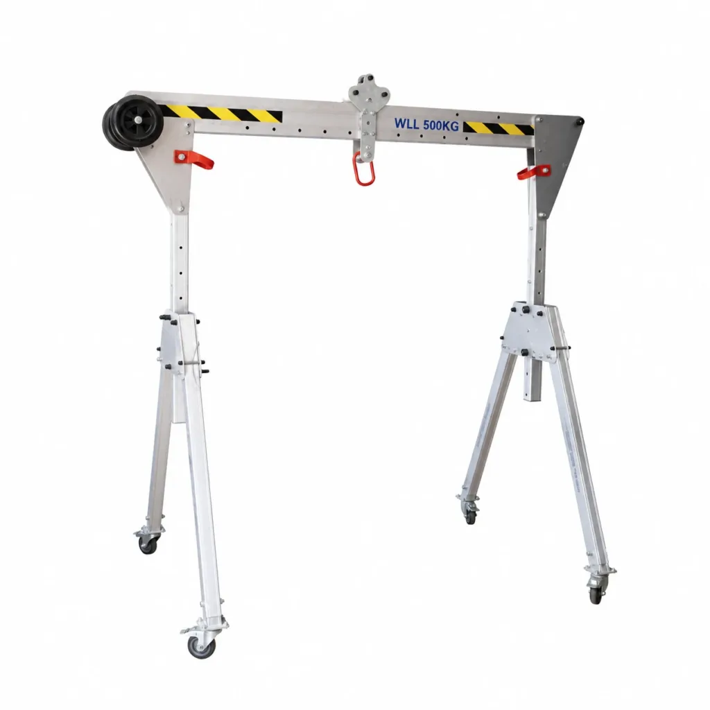 Portable aluminium gantry with adjustable legs, a beam trolley and four castors