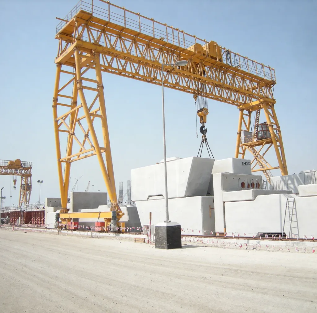 Double truss-girder gantry lifting a precast concrete segment in a storage yard
