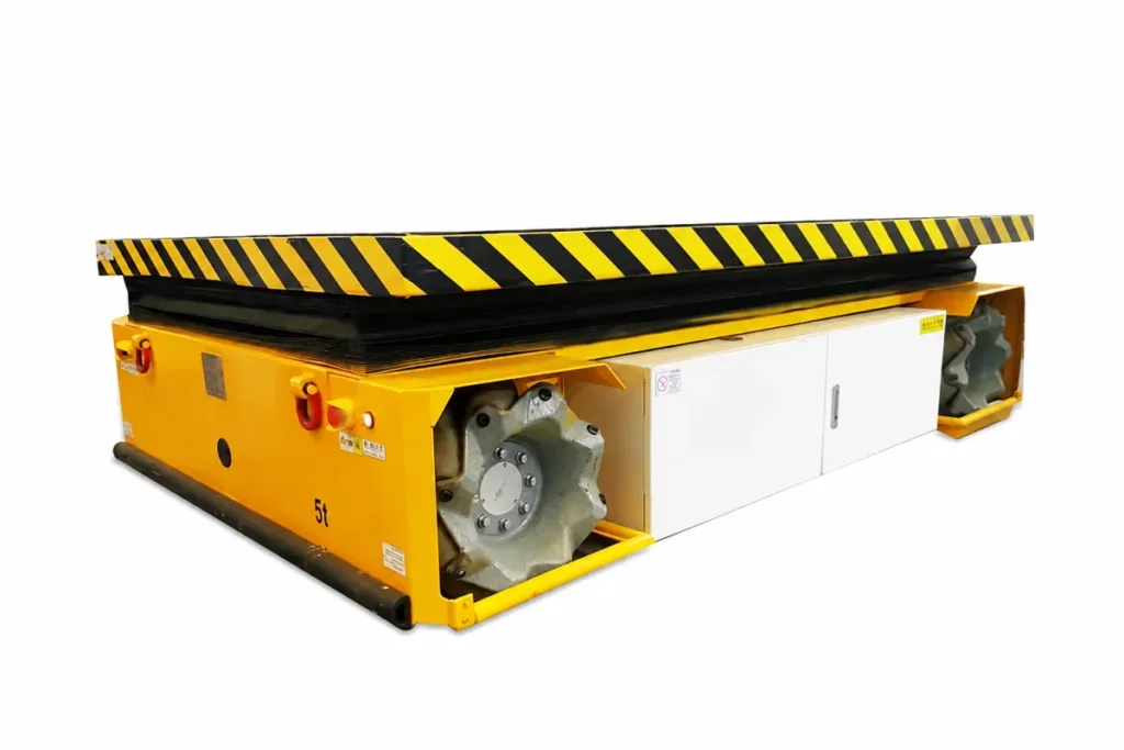AGV platform example with a lifting deck and roller wheels
