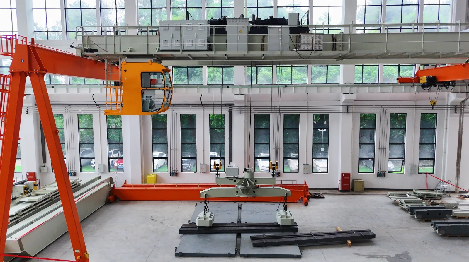 Industrial material-handling equipment being assembled and checked in a specialist manufacturing facility