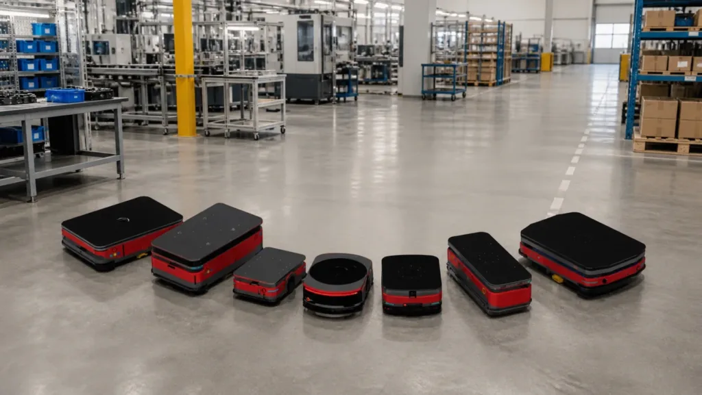 Autonomous mobile robots operating as a coordinated industrial fleet