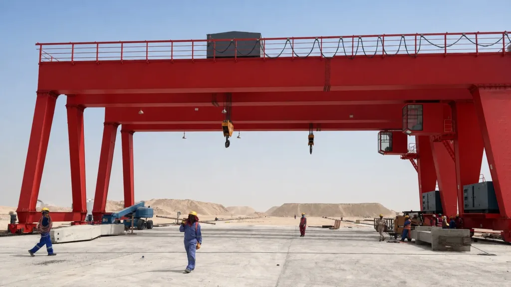 Real assembled gantry crane showing bridge girders, leg frames, lifting system, ground travel and rails