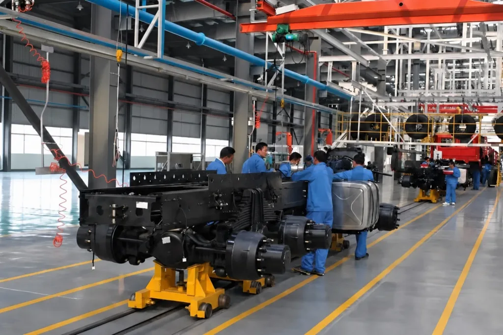 Overhead crane serving an automotive chassis assembly and tool-change area
