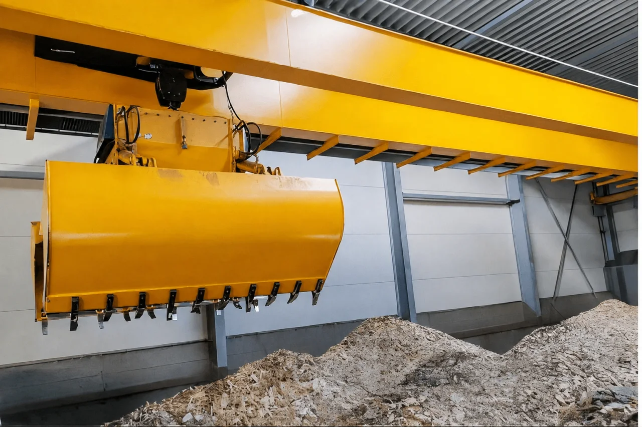 Clamshell grab below a yellow overhead crane above loose biomass