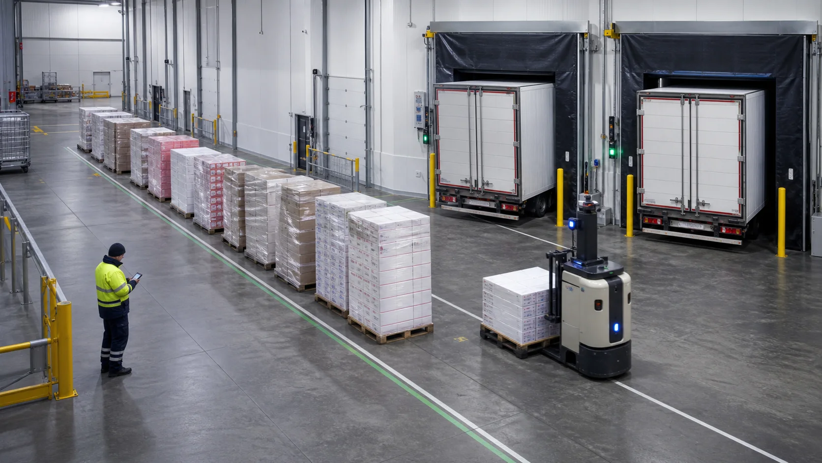 Temperature-controlled dispatch buffer with sequenced pallets, automated pallet transfer and sealed refrigerated-trailer docks