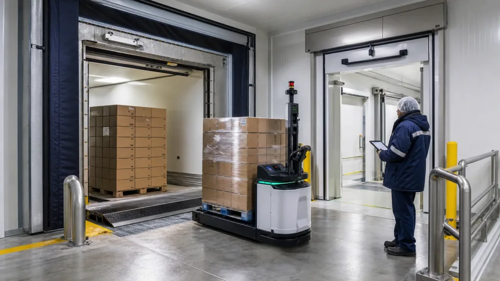 Automated pallet vehicle transferring sealed food cartons through a controlled cold-storage receiving airlock