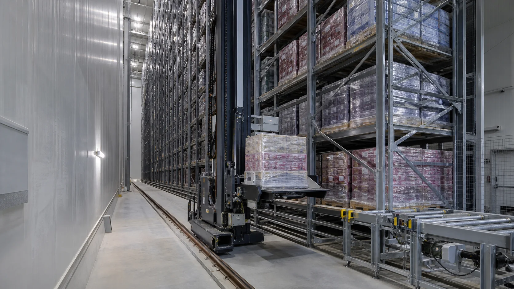 Rail-guided stacker crane retrieving a wrapped pallet inside a tall automated frozen warehouse aisle