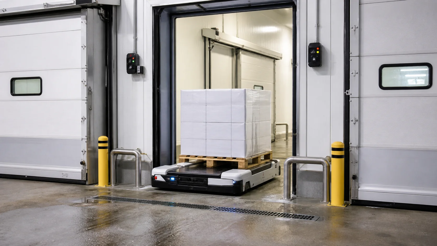 Low-profile pallet AGV crossing a sealed airlock between chilled and frozen warehouse zones