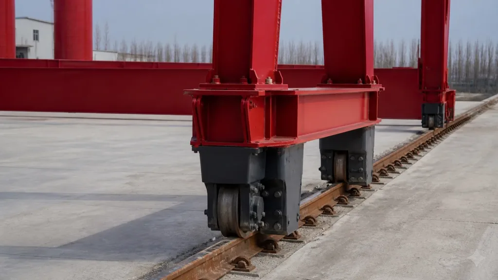 Gantry travel bogie, wheel assemblies, rail and structural connections