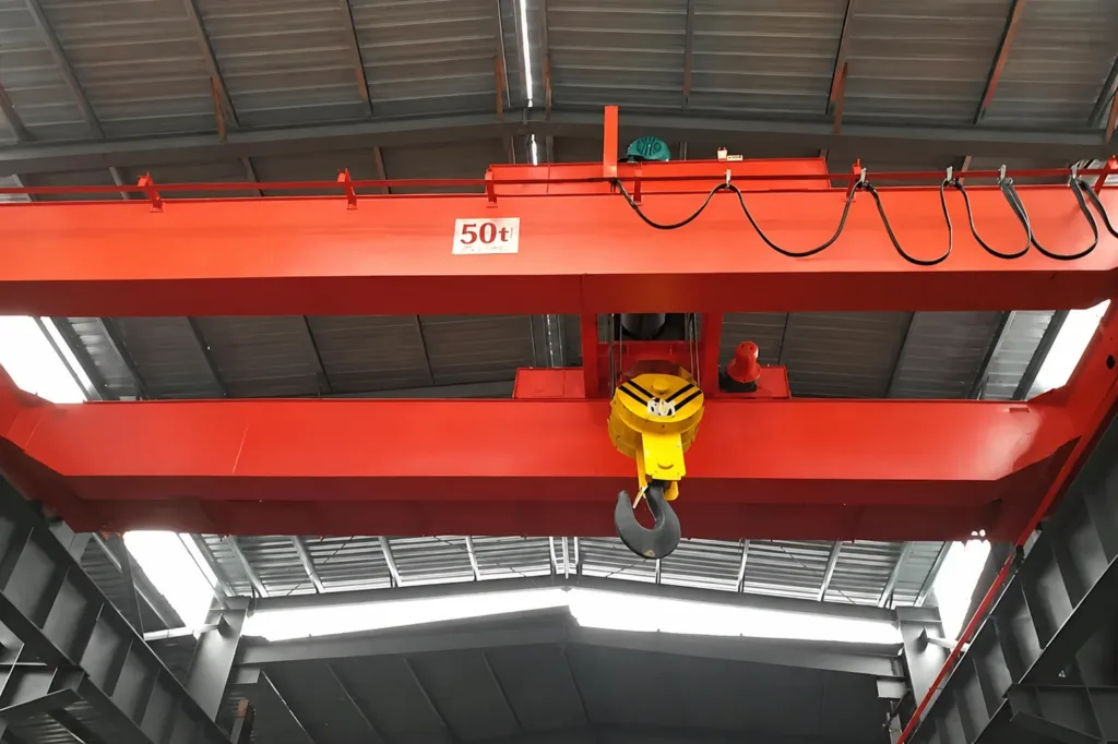 Installed double-rail wire-rope hoist trolley beneath a double-girder overhead crane