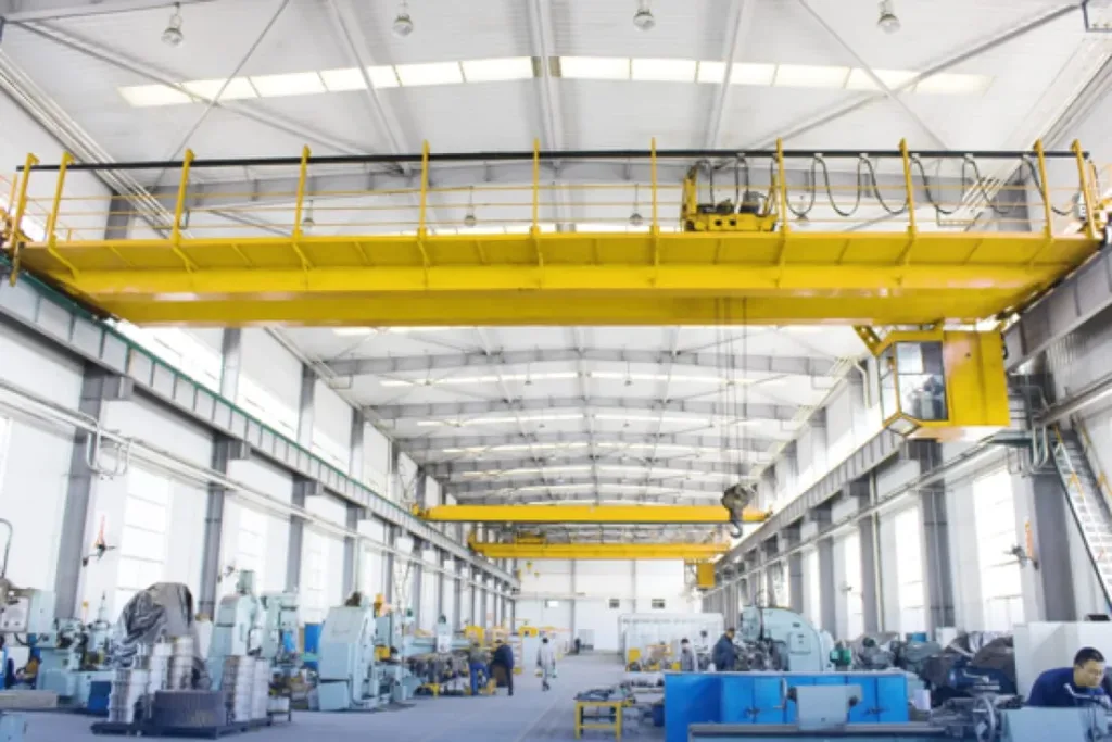 Process crane integrated above production machinery and a defined work route