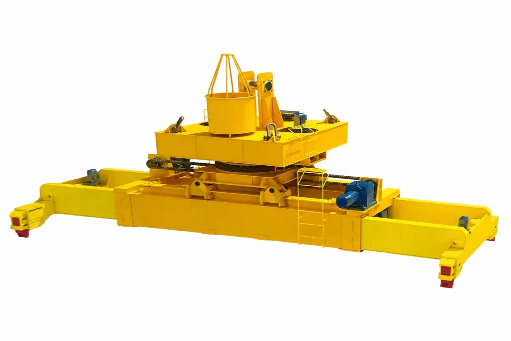 Physical telescopic container spreader with corner twistlocks, isolated on white