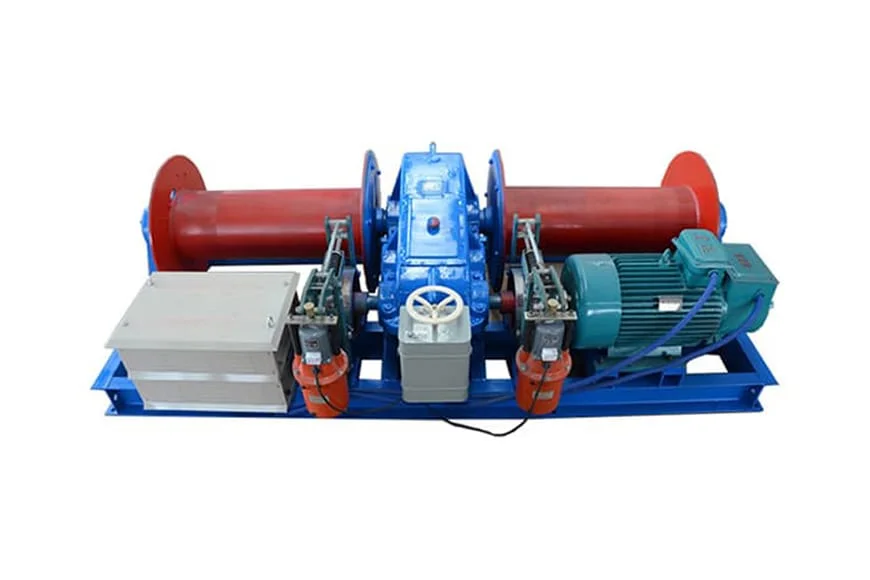 Standalone twin-drum electric winch with drive, brakes and local control enclosure