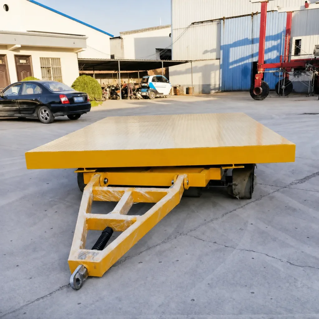 Industrial trailer showing its drawbar and wheel arrangement