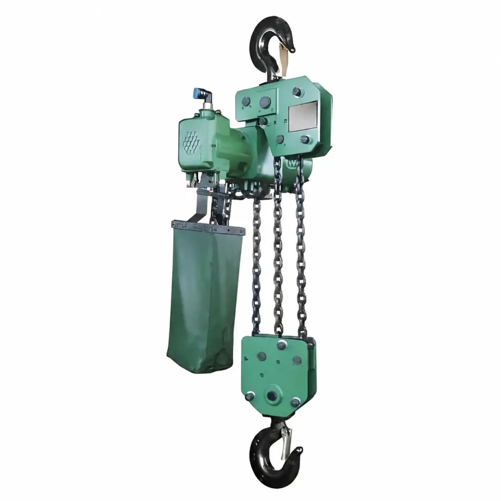Real fixed pneumatic chain hoist with air motor, chain bag, load chain and lower hook