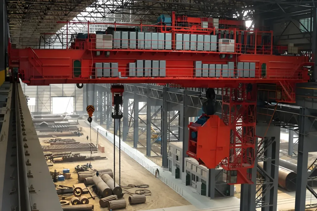 Installed forging crane with main and auxiliary lifting equipment above a workshop