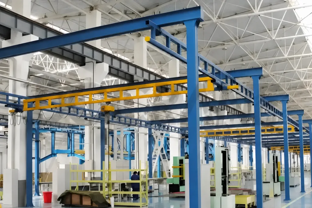 Single bridge workstation crane covering a factory work area