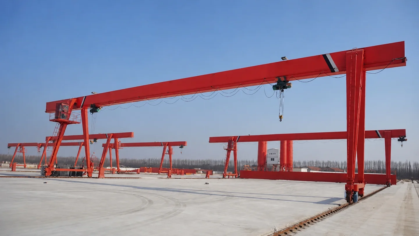 Portal crane, trolley and hook spanning a continuous ground-rail route