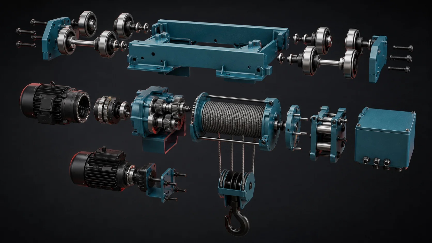 Exploded open-hoist mechanism showing trolley, drum, drives, wheels and hook block