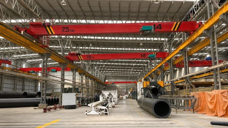 Multiple overhead cranes spanning an industrial production bay