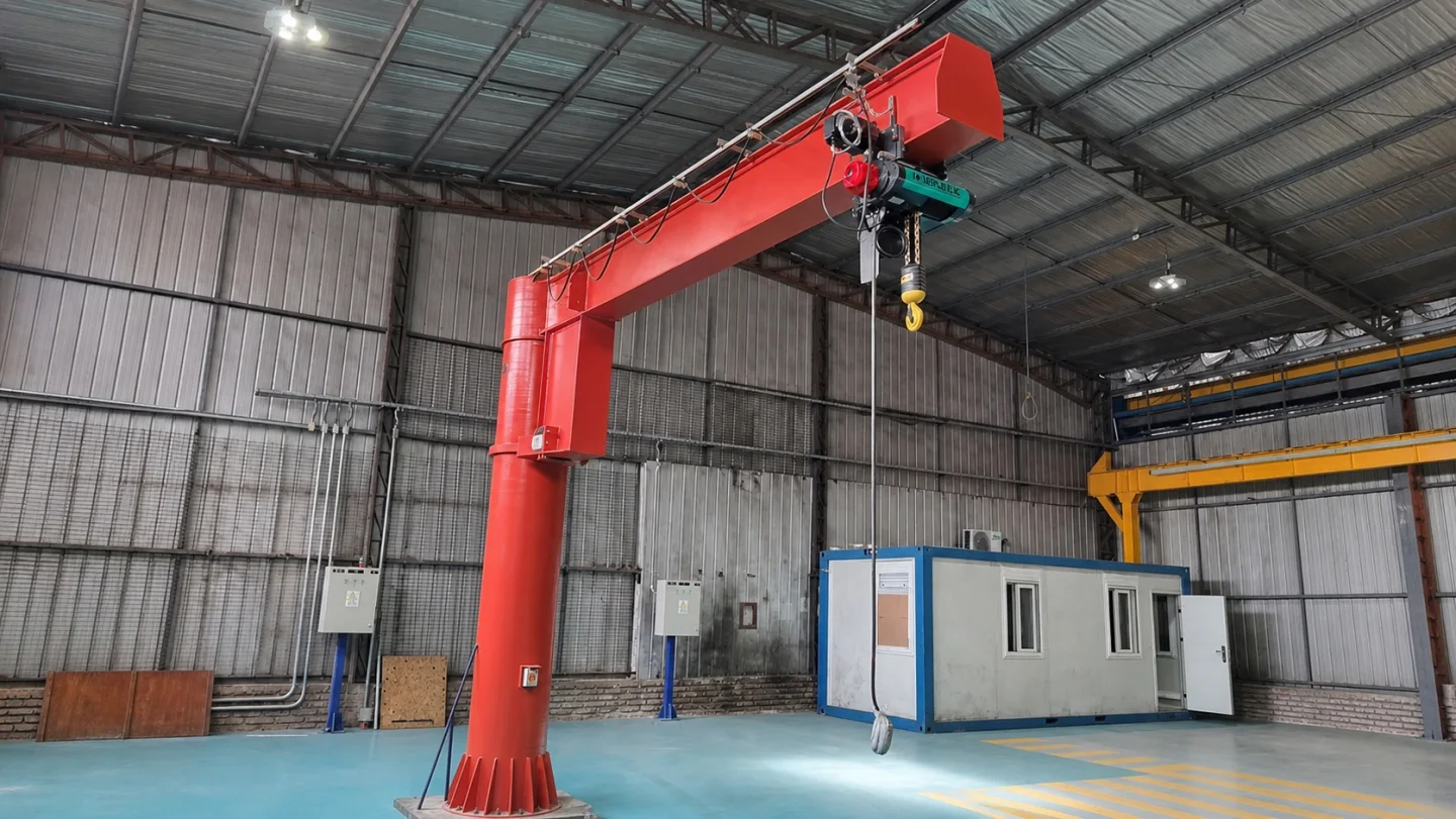 Freestanding jib crane serving one local machine and maintenance cell