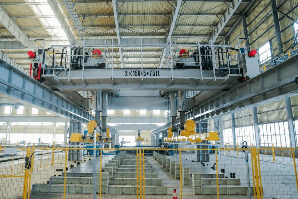 Process crane with two lifting assemblies above dedicated work stations