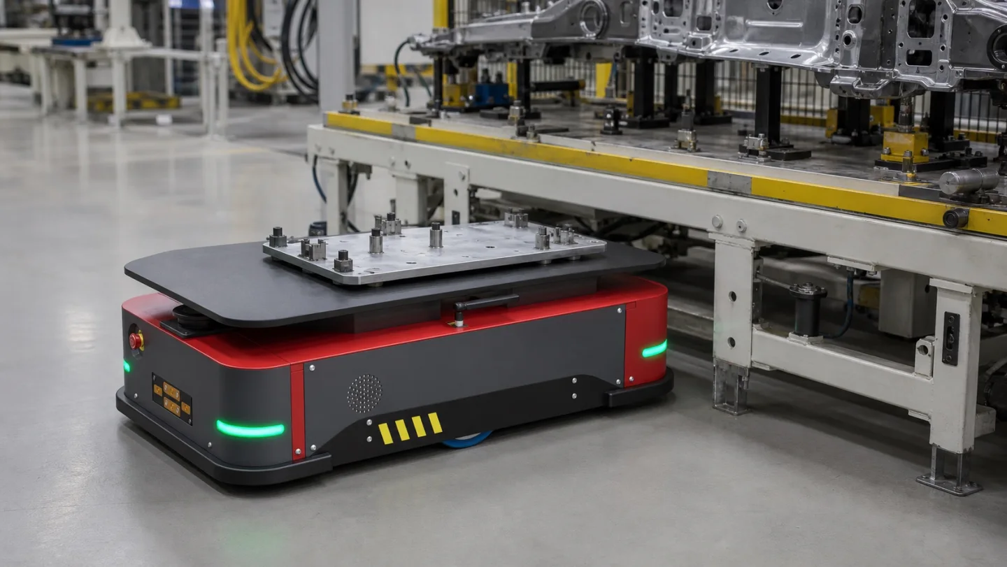 Compact autonomous cart presenting a fixture beside an automotive production line
