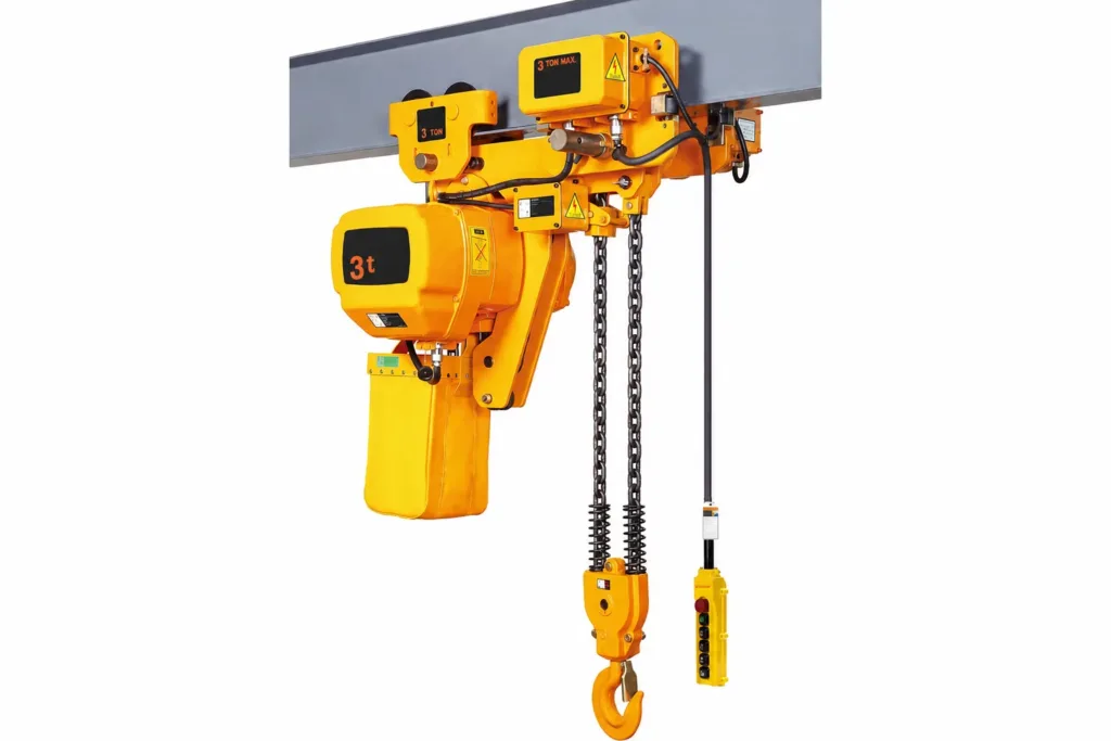 Low-headroom electric chain hoist beneath a beam with integrated trolley, twin chain falls and pendant