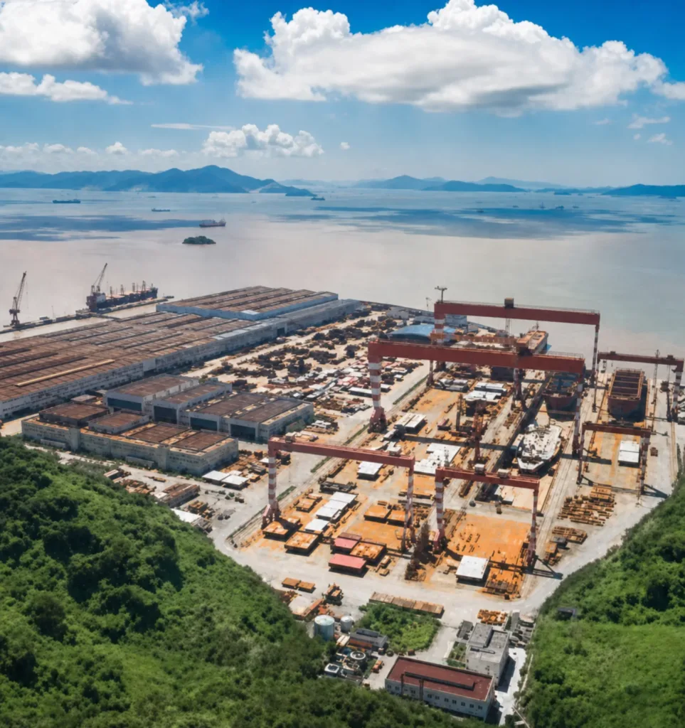 Shipyard fabrication halls, plate yards and large portal-crane routes