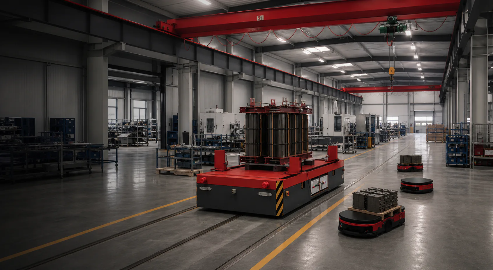 Integrated industrial material-flow concept combining overhead lifting, rail transfer and autonomous hand-off