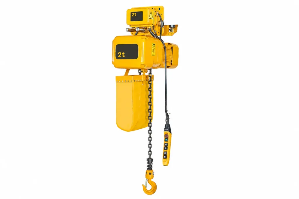 Motorised trolley electric chain hoist with travel drive, chain bag, load chain, pendant and lower hook