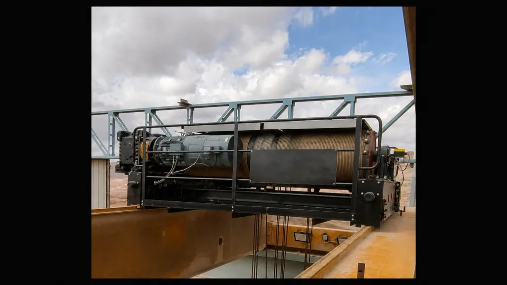 Installed open winch mechanism with grooved drum, lifting motor, trolley frame and wire ropes between crane girders