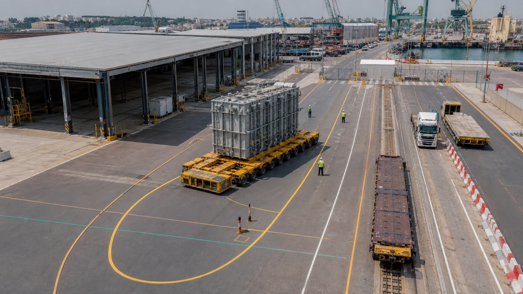 Oversized project cargo moving on a multi-axle transporter through a marked terminal route toward rail and truck hand-off zones