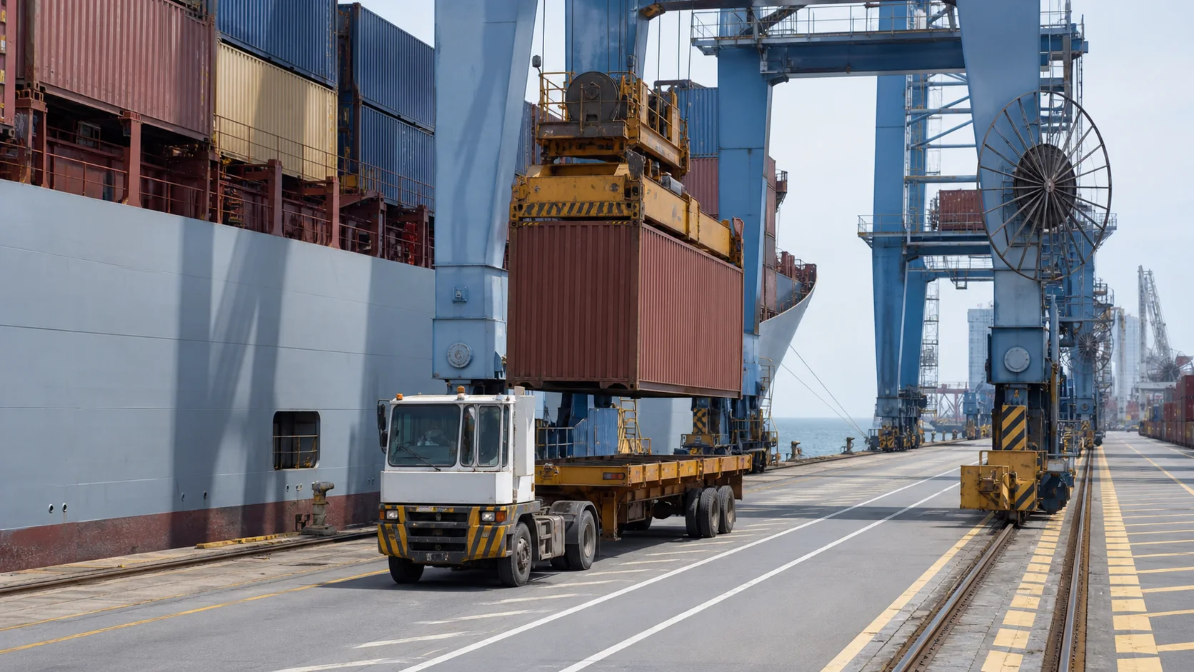 Ship-to-shore crane handing a container to an aligned terminal tractor in a separated quay-transfer lane