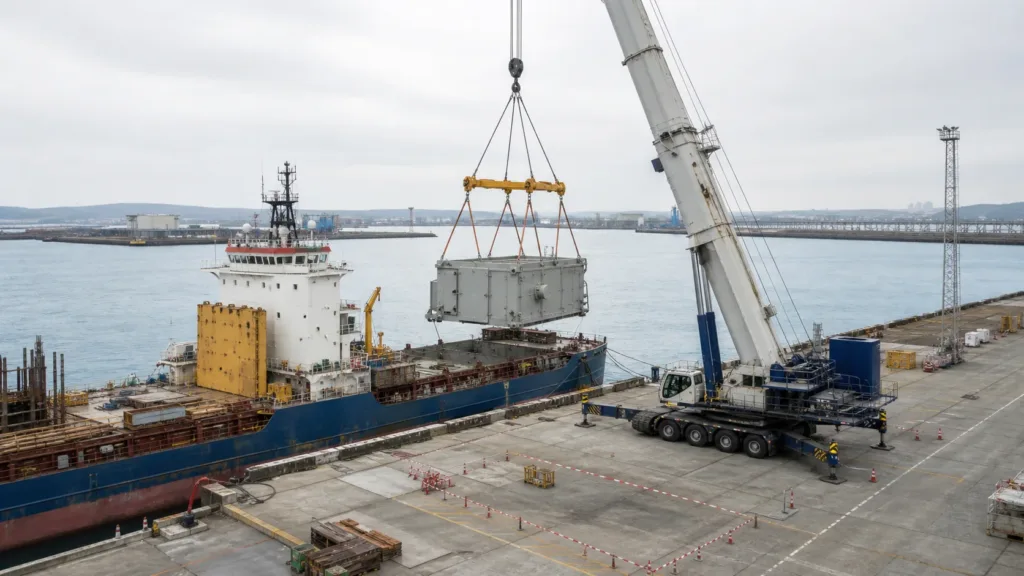 Mobile harbour crane lifting a secured project cargo module from a vessel to a controlled quay landing zone