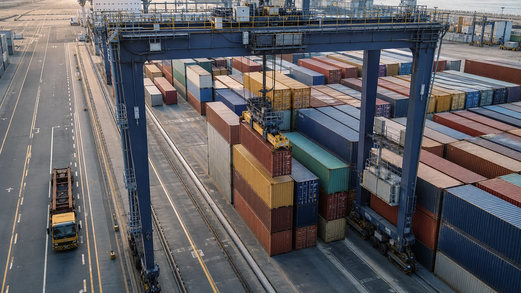 Rail-mounted gantry crane retrieving a container from an organised terminal stack beside a separated vehicle lane