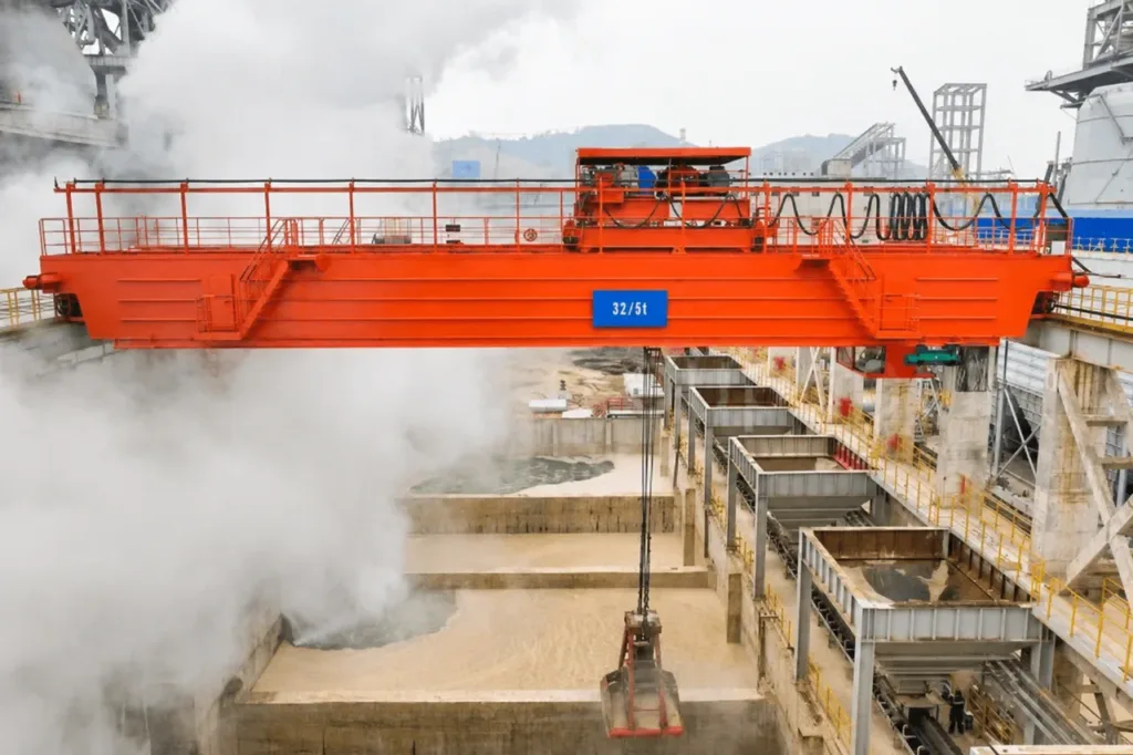 Overhead grab crane above residue handling cells in a steel plant