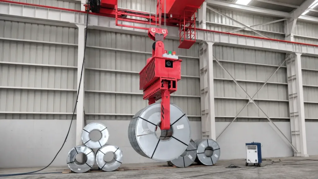 Coil handling crane serving a steel storage bay