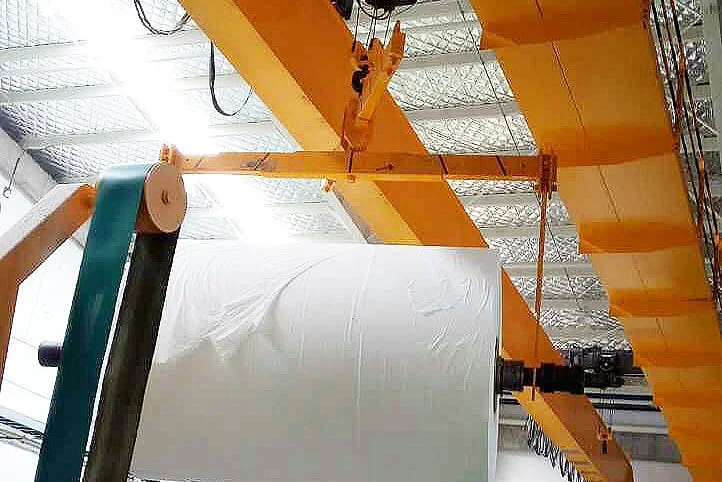 Process crane serving a paper roll beside production machinery
