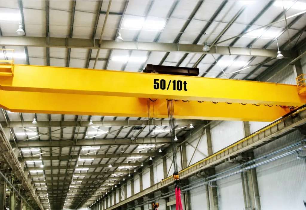 Overhead bridge crane and suspended hooks inside a paper mill building