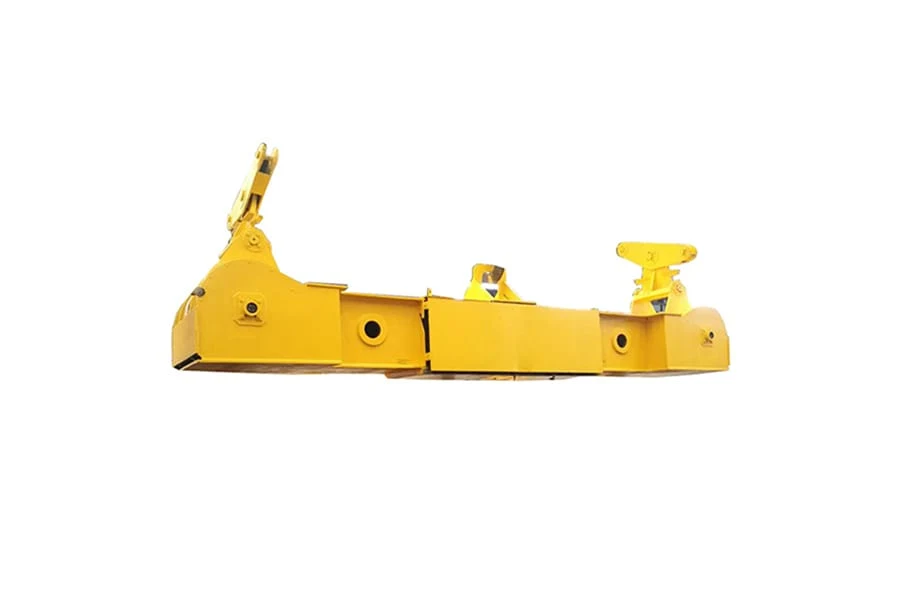 Yellow fabricated lifting beam with lifting connections, photographed against a white background