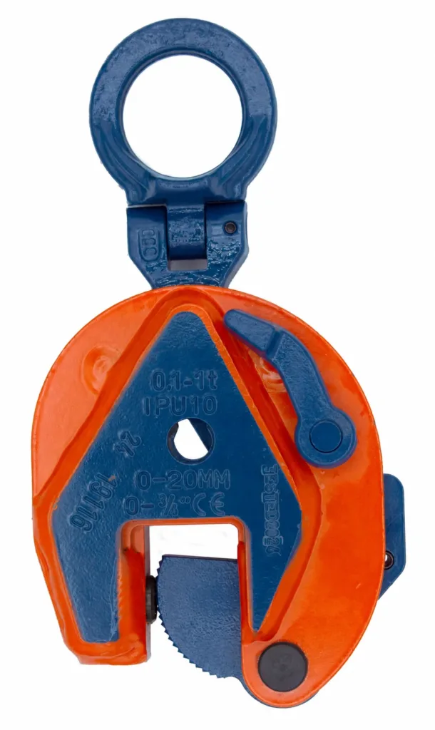 Vertical steel plate lifting clamp with hinged lifting eye, locking lever and toothed gripping cam; markings apply to this example