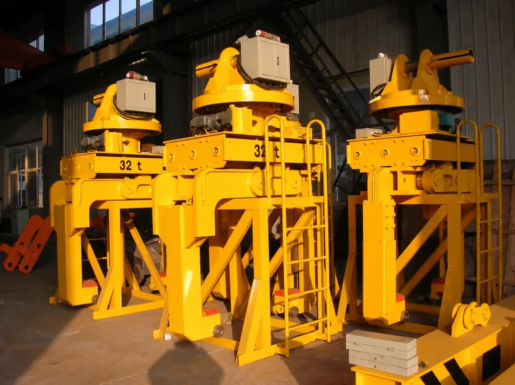 Yellow telescoping coil grabs with rotating upper assemblies and lifting feet, stored on support stands