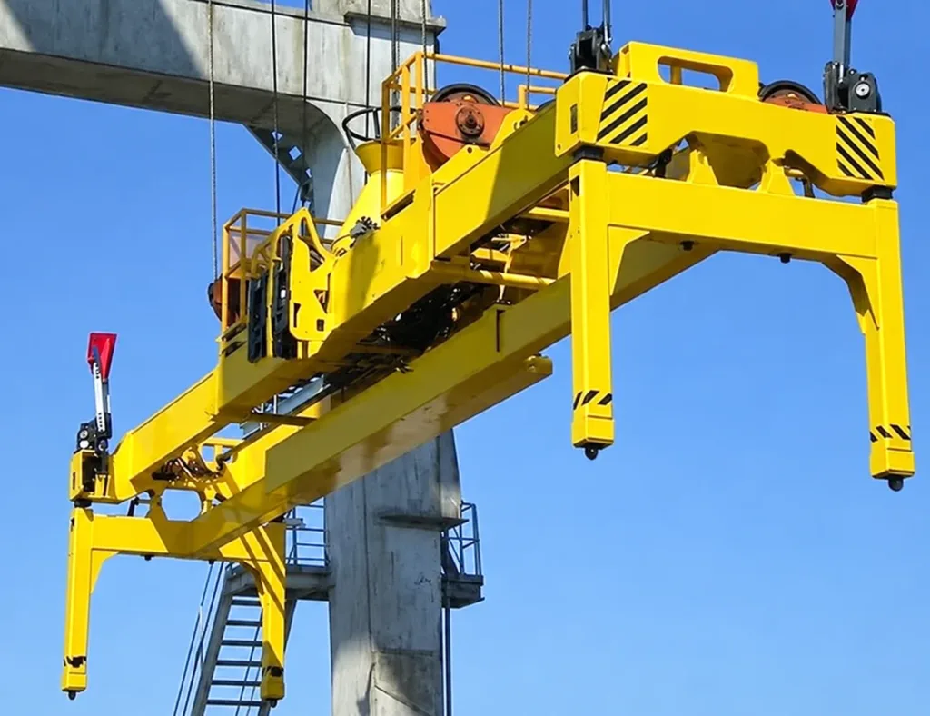 Overheight extension frame below a container spreader with legs reaching down to the lifting points