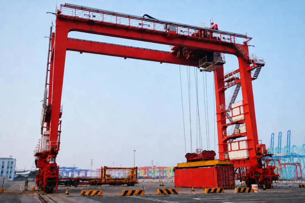 Red rubber-tyred container gantry crane with wheels, spreader and a container in a terminal yard