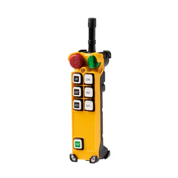 Handheld crane radio transmitter with directional buttons and emergency stop