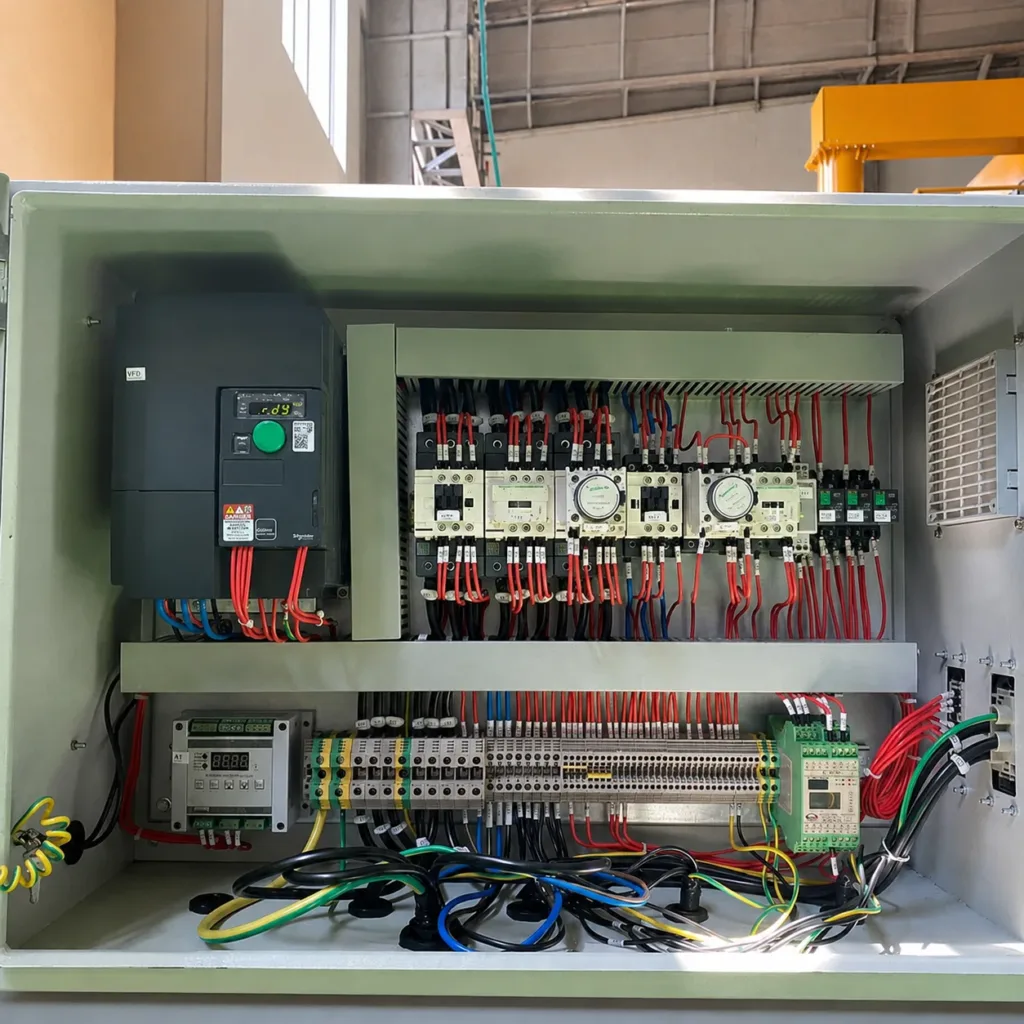 Open hoist control cabinet with drive, contactors, terminal blocks and wiring